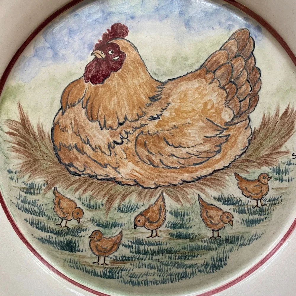 Cagle Road Pottery Chicken Serving Platter Seagrove NC Hen and Chicks Folk Art